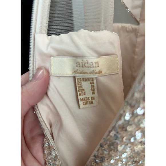 Aiden Mattox Gold Sequins Dress, High Slit, Deep Illusion V-Neck | Size 12 - Picture 5 of 10